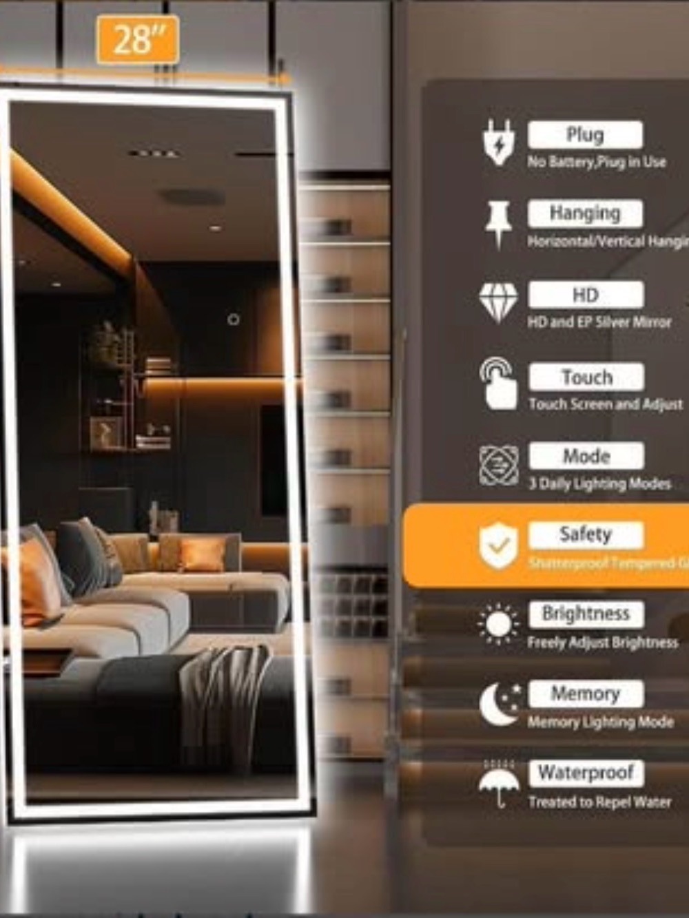 LED Lighted Full-Length Wall Mirror with Touch Controls - White